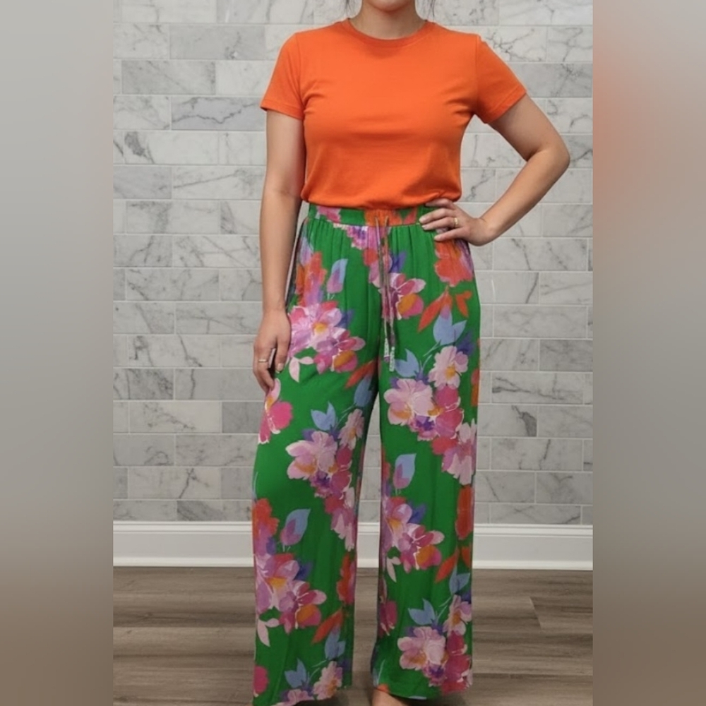 Johnny Was Silk Pants  Floral Boho Wide Leg Beaded Tassel Drawstring Pants